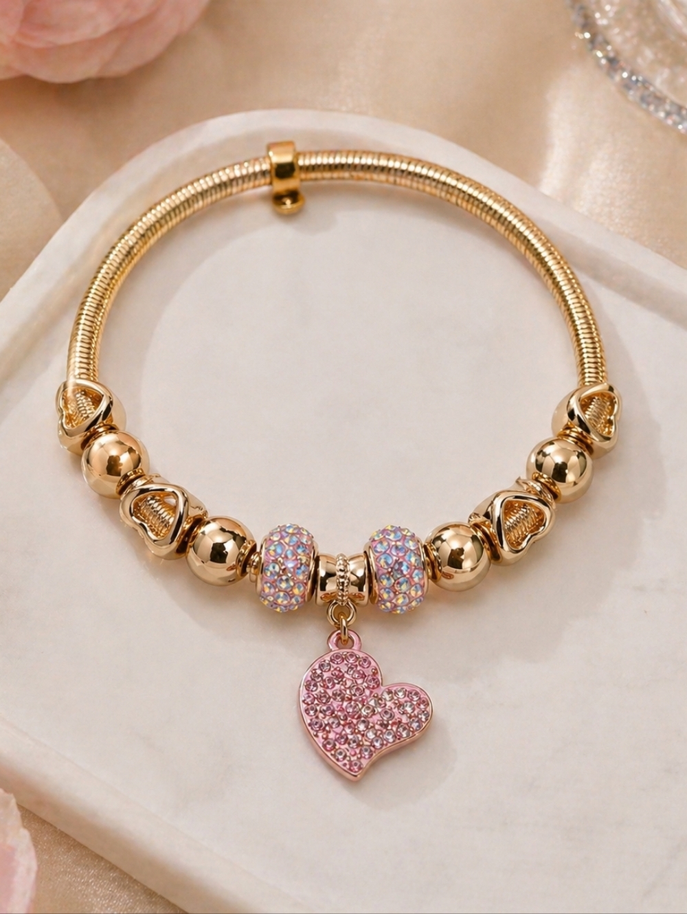 Gold Charm Bracelet | Pink Rhinestone Heart Statement Bracelet